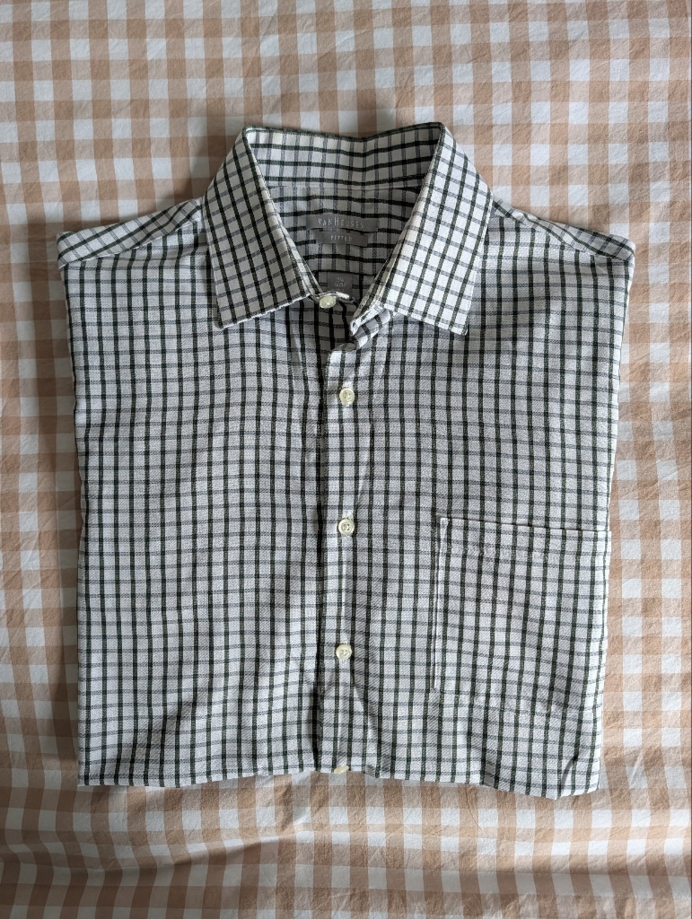 Van Heusen Green and White Check Button-Down GINGHAM Shirt NWOT